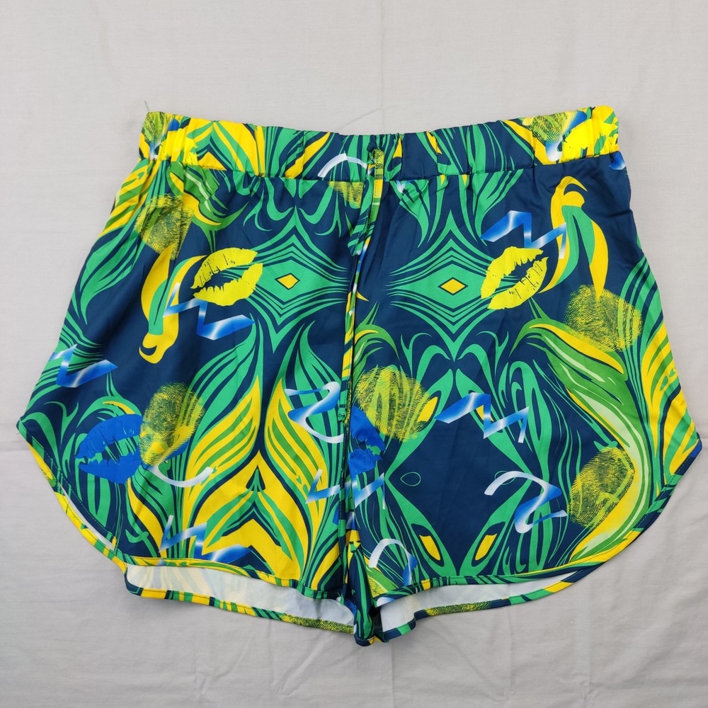 Shein Shorts Womens XXL Green Yellow Blue Lips Graphic Print Shorts Casual